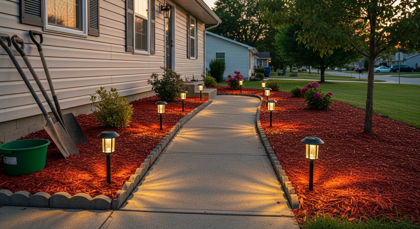 9. Landscape Your Walkway with Solar Lights and Mulch