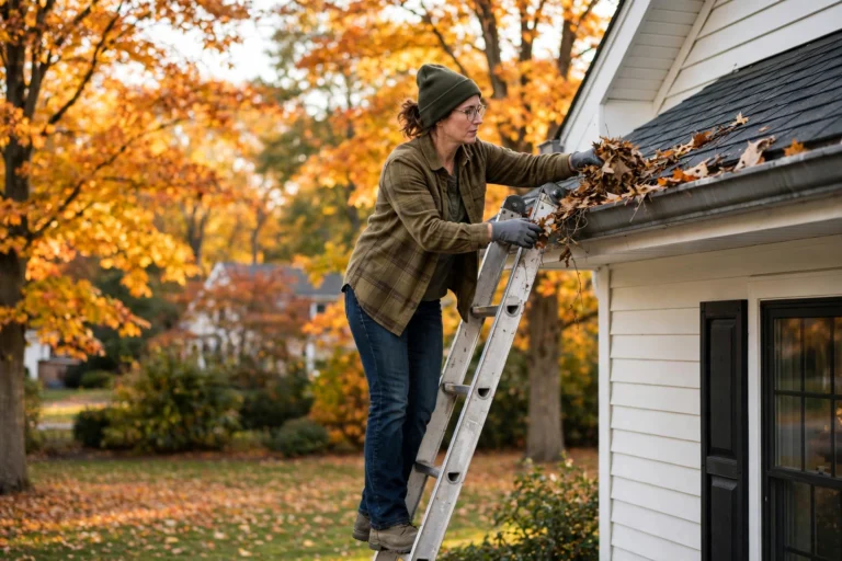 The Ultimate Fall Home Maintenance Checklist: 25 Tasks Before Winter Homeowner on a ladder cleaning autumn leaves from a house gutter