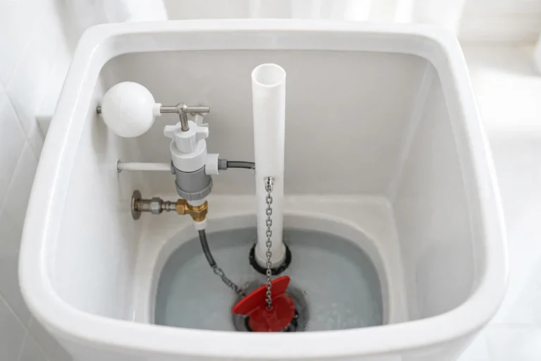 Open toilet tank showing the flapper, fill valve, float, and overflow tube