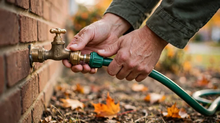 How to Winterize Outdoor Faucets: A Complete Step-by-Step Guide Homeowner disconnecting a garden hose from an outdoor spigot on an autumn day