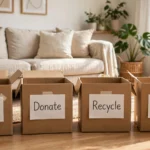Labeled donation, recycle, and trash boxes ready for a room-by-room decluttering session