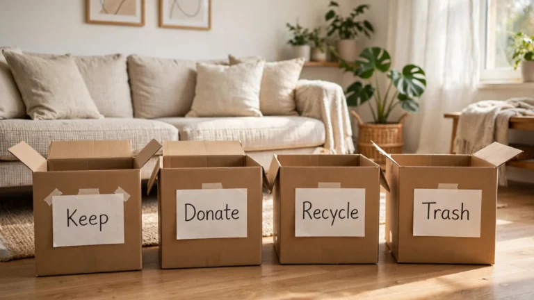 Room-by-Room Decluttering Checklist (Free Printable) Labeled donation, recycle, and trash boxes ready for a room-by-room decluttering session