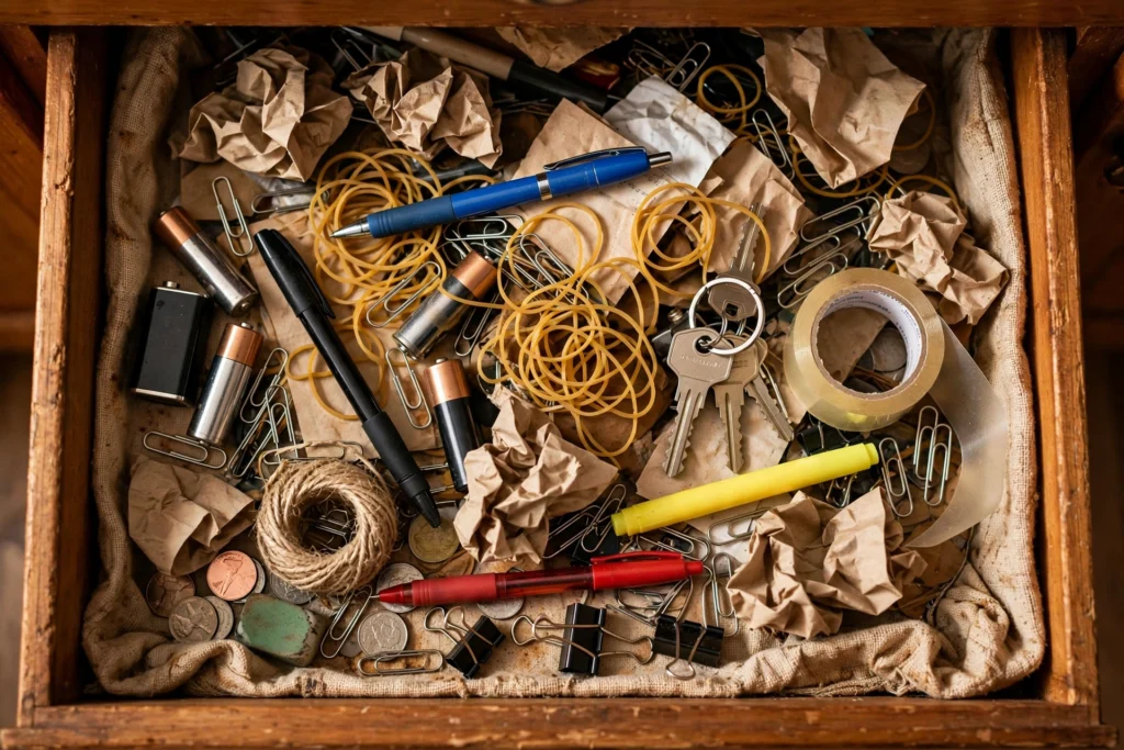 How to Organize a Junk Drawer (and Keep It That Way) An open chaotic junk drawer full of tangled items before organizing