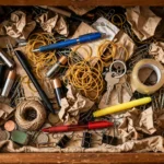 An open chaotic junk drawer full of tangled items before organizing