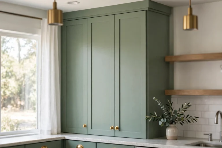 Freshly painted sage-green kitchen cabinets with new brass hardware in a bright kitchen