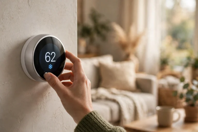 Hand adjusting a smart thermostat on a living room wall to a lower temperature setting