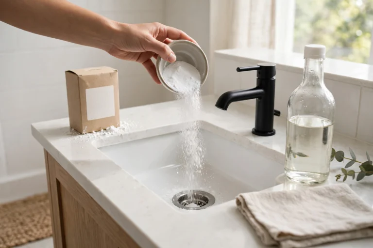Pouring baking soda into a bathroom sink drain with vinegar bottle beside the sink
