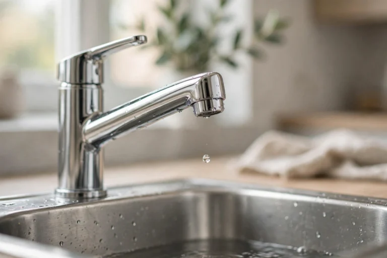 Water droplet falling from the spout of a single-handle kitchen faucet over a stainless steel sink