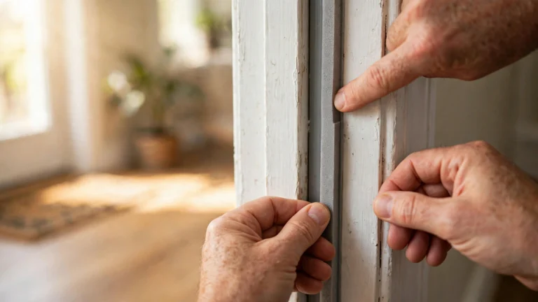 Hands pressing self-adhesive foam weatherstripping into a white front door frame