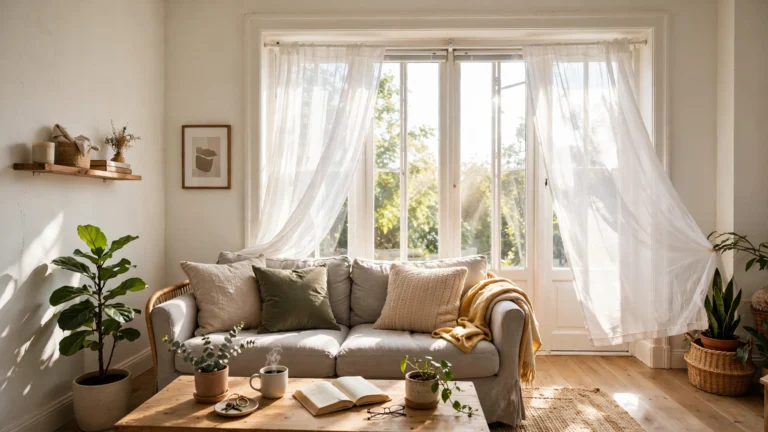 Bright rental living room with sheer curtains hung on a tension rod inside the window frame