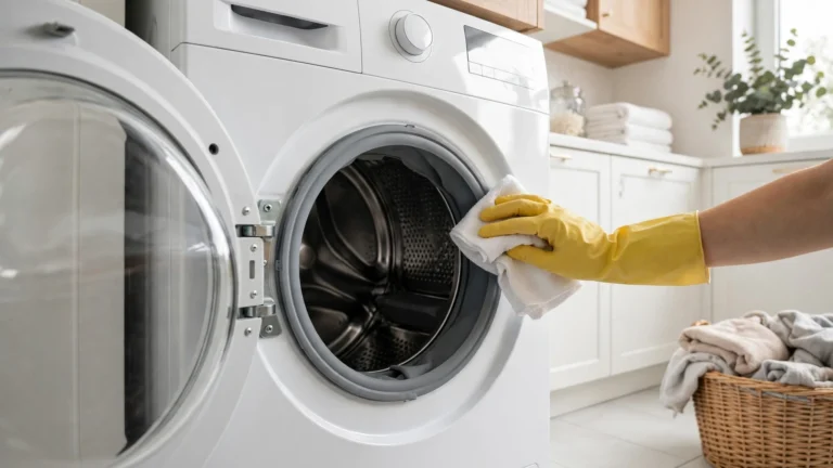 How to Deep-Clean a Smelly Washing Machine (Front- and Top-Loaders) Gloved hand wiping the rubber door gasket of an open front-load washing machine with a white microfiber cloth