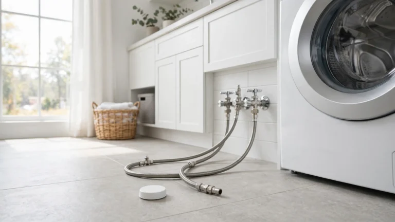 Best Smart Water Leak Detectors (2026) A small unbranded white smart water leak detector puck placed on a laundry room floor beside a washing machine's water supply hoses