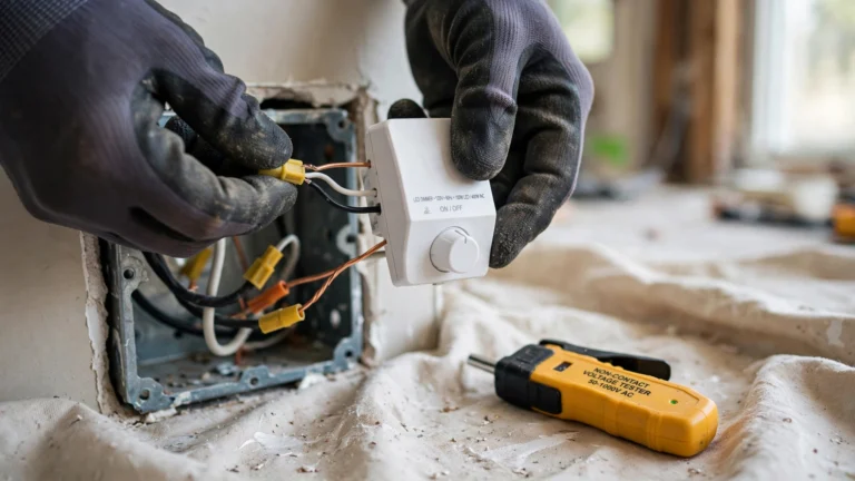 Hands wiring a modern LED dimmer switch into an open wall electrical box with wire nuts and a voltage tester nearby