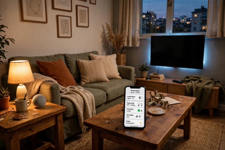 12 Renter-Friendly Smart Home Devices (No Drilling, No Wiring) Cozy apartment living room at dusk with a glowing smart lamp, smart speaker, and phone showing a smart home app