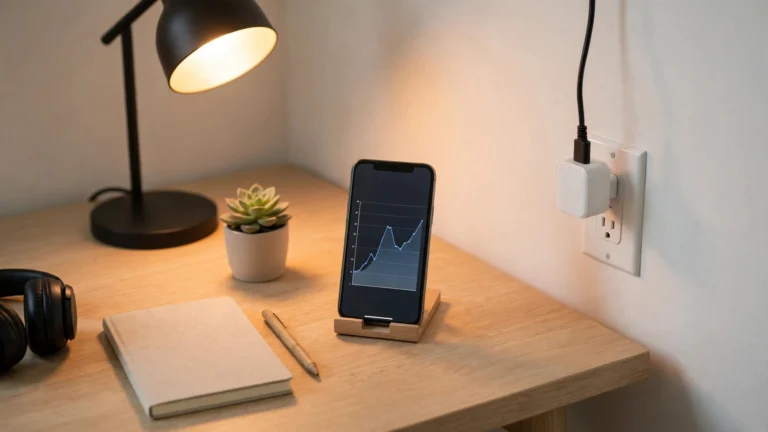 Best Energy-Monitoring Smart Plugs (2026) Smart plug in a wall outlet beside a desk with a phone showing an energy usage graph