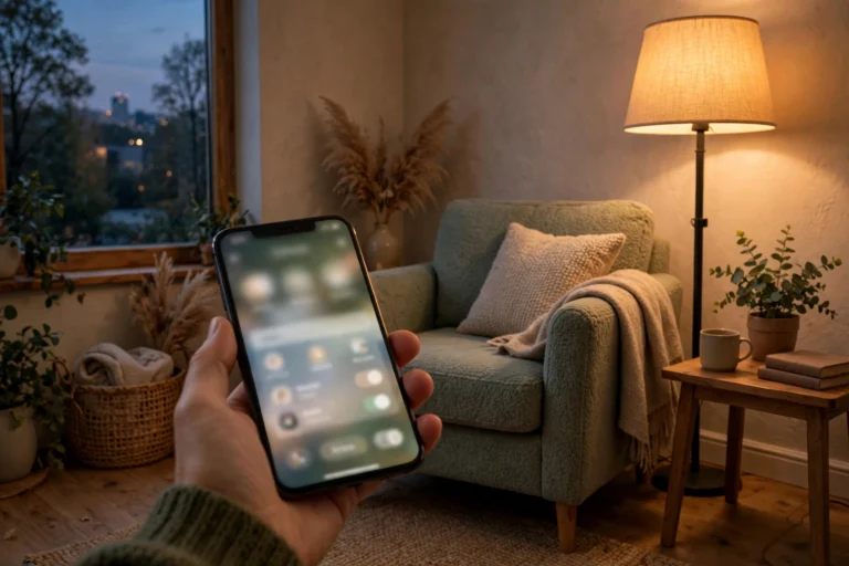 How to Make Any Lamp Smart (3 Easy Ways) Hand holding a phone with a smart home app beside a glowing floor lamp in a cozy living room at dusk
