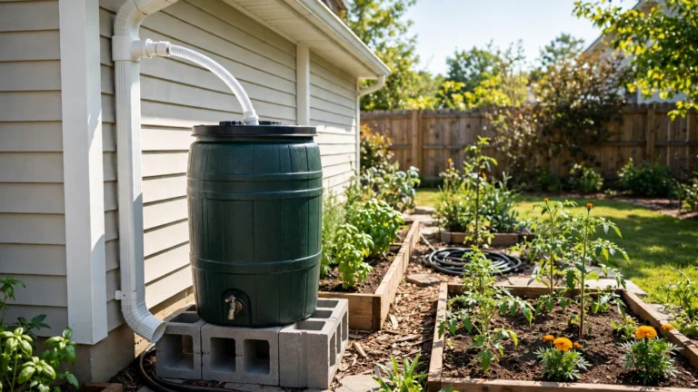 DIY Rain Barrel Setup for Beginners Green rain barrel on cinder blocks beside a house with a downspout diverter hose connected to the top