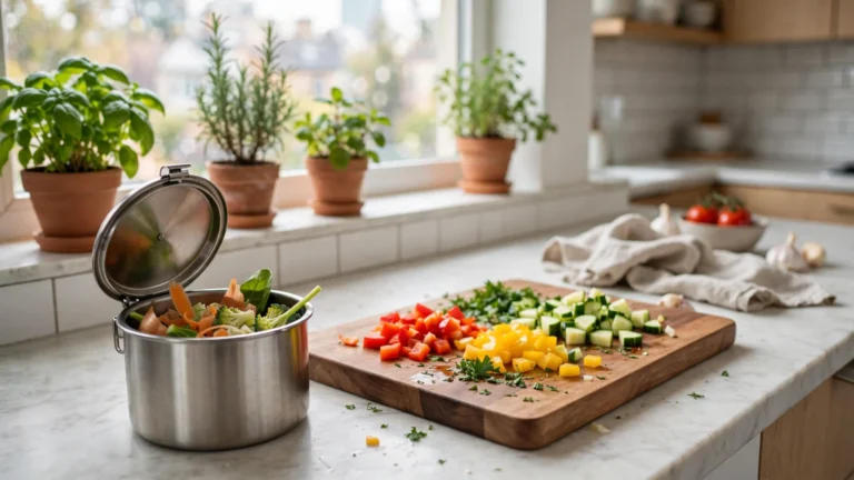 How to Start Composting in an Apartment Kitchen counter with a stainless steel compost caddy, vegetable scraps, and herb plants on the windowsill