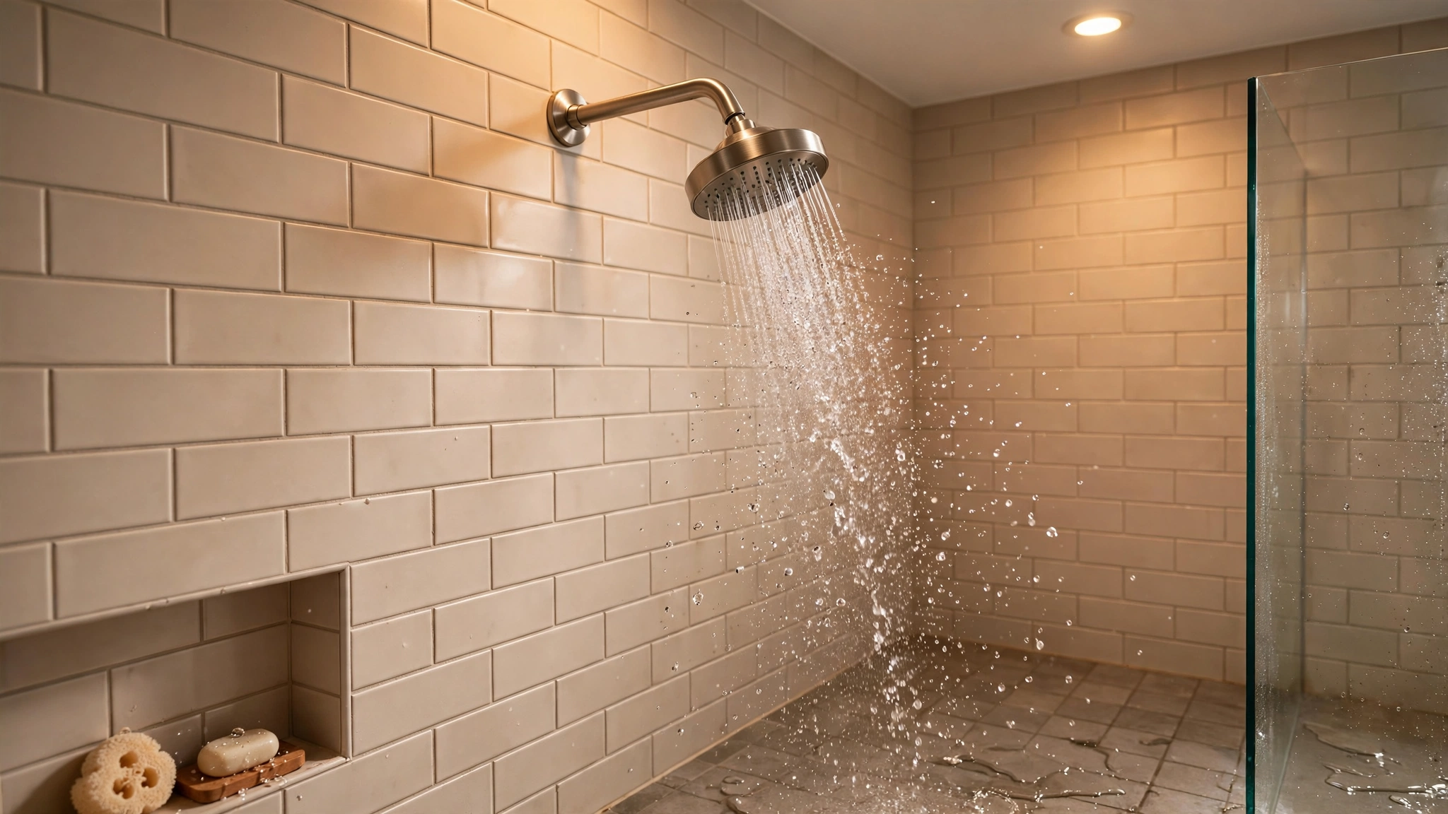 How to Replace a Showerhead in 5 Minutes 6 Newly installed brushed-nickel showerhead running with water streaming in a clean tiled shower
