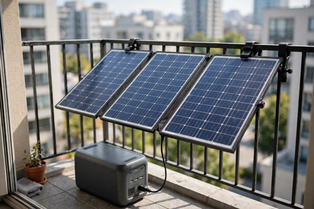 balcony solar panel charging a solar generator for an apartment