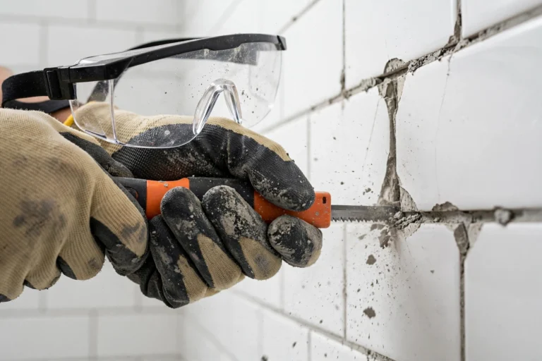 Gloved hands using a grout saw to scrape old grout from white bathroom tile joints