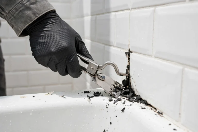 Person in gloves using a caulk remover tool to scrape old cracked caulk from the seam between a bathtub and tile wall