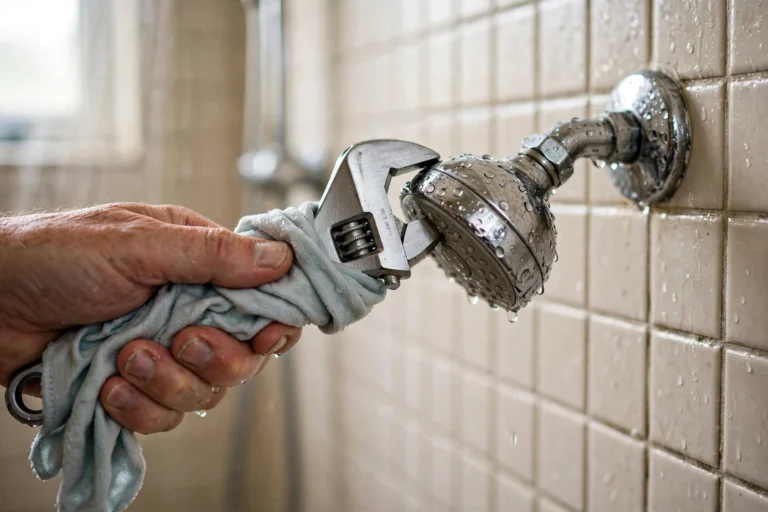 Hand using an adjustable wrench wrapped in a cloth to remove an old chrome showerhead from the shower arm