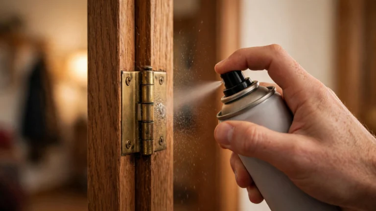 Hand spraying lubricant into the top of a door hinge knuckle on a wooden interior door