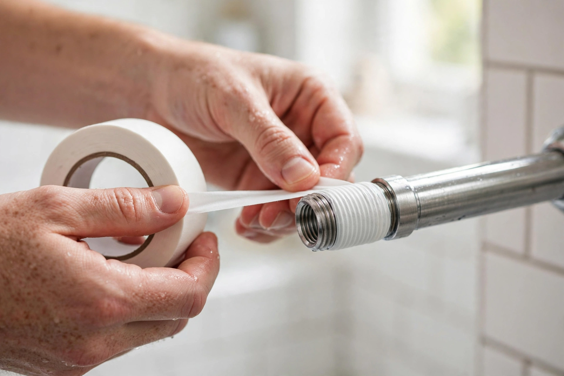 How to Replace a Showerhead in 5 Minutes 5 Hands wrapping white PTFE plumber's tape clockwise around shower arm threads in a bathroom